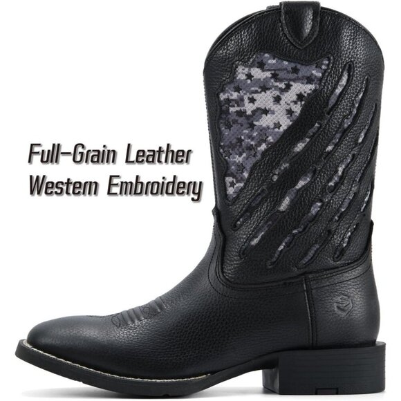 Men’s Black Deertan Square Toe Leather Durable 10-inch Pull-on Wellington Boots main image 2